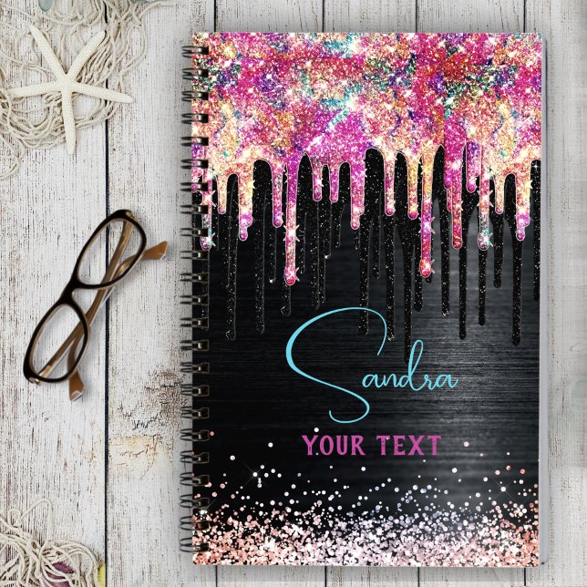 Cute unicorn black glitter birthday monogram notebook (Creator Uploaded)