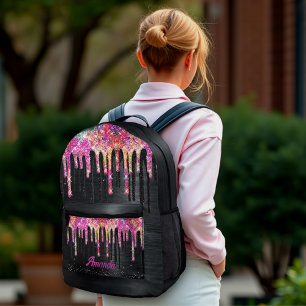 Cute unicorn black glitter birthday monogram printed backpack