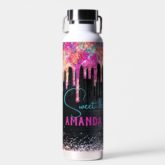 Cute unicorn black glitter birthday monogram water bottle (Front)
