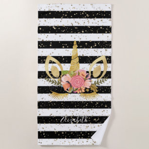 Cute Unicorn,Black White Striped   -Personalised Beach Towel
