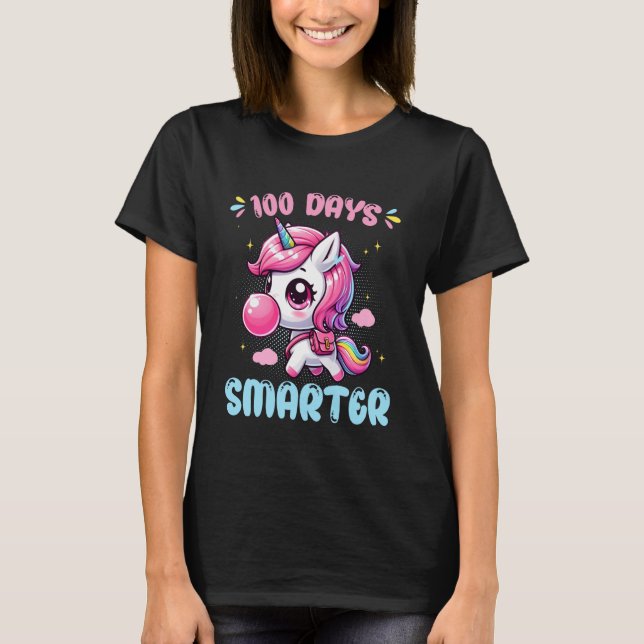 Cute Unicorn Blowing Bubble Gum 100 Days Smarter S T-Shirt (Front)