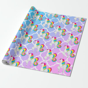 Cute Unicorn Blue and Pink Quatrefoil Wrapping Paper