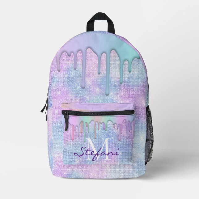 Cute unicorn Blue Faux glitter Drips Monogram Printed Backpack (Front)