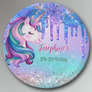 Cute Unicorn blue green drip birthday Paper Plate