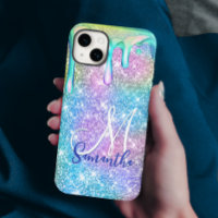 Cute unicorn blue pink glitter drips monogram