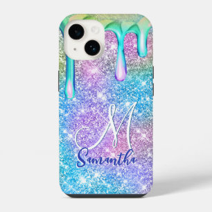 Cute unicorn blue pink glitter drips monogram iPhone 14 case