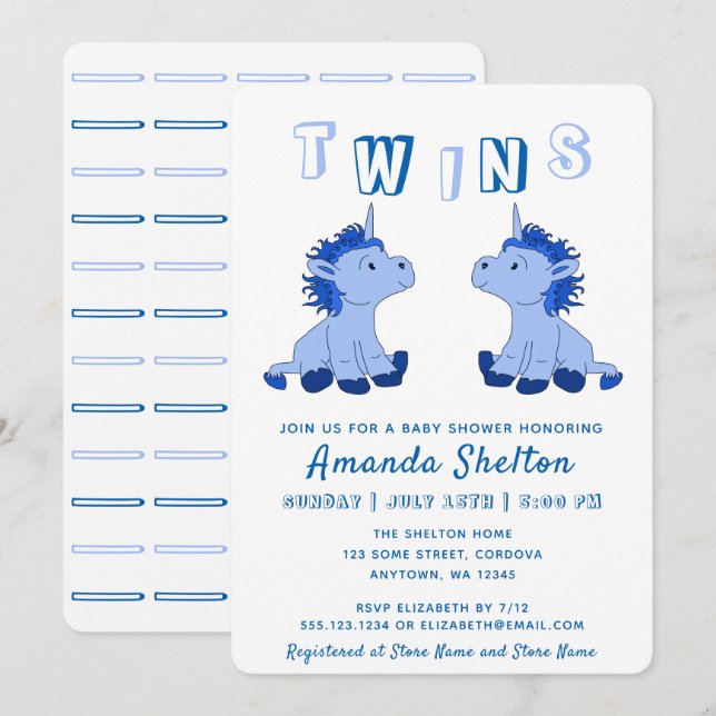 Cute Unicorn Blue Twins Boys Baby Shower Invitation (Front/Back)