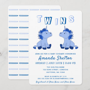 Cute Unicorn Blue Twins Boys Baby Shower Invitation