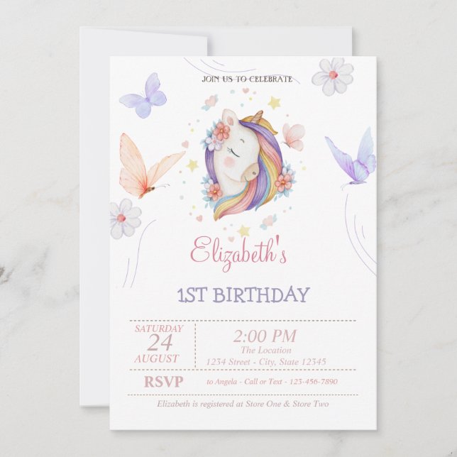Cute Unicorn Butterflies Colourful Stripes Birthda Invitation (Front)