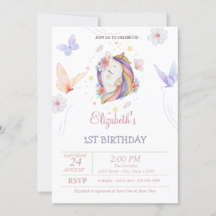 Cute Unicorn Butterflies Colourful Stripes Birthda Invitation