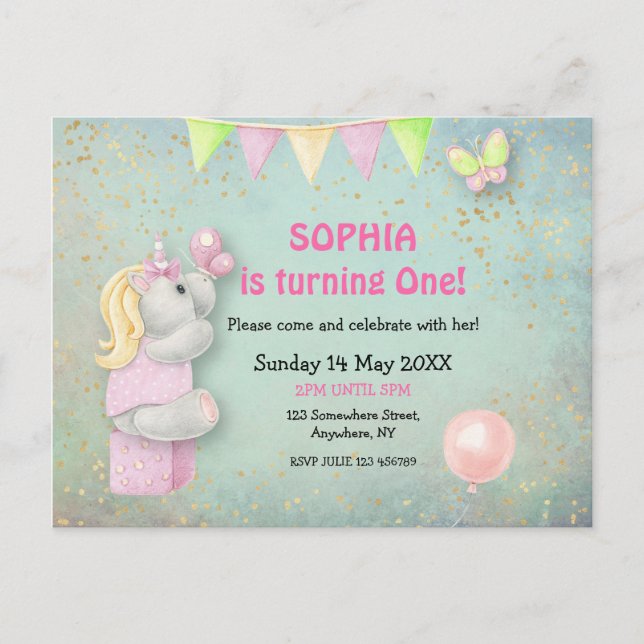 Cute Unicorn/Butterflies First Birthday Invitation Postcard (Front)