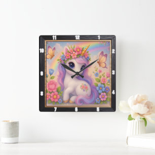 Cute Unicorn Butterfly Rainbow Square Wall Clock