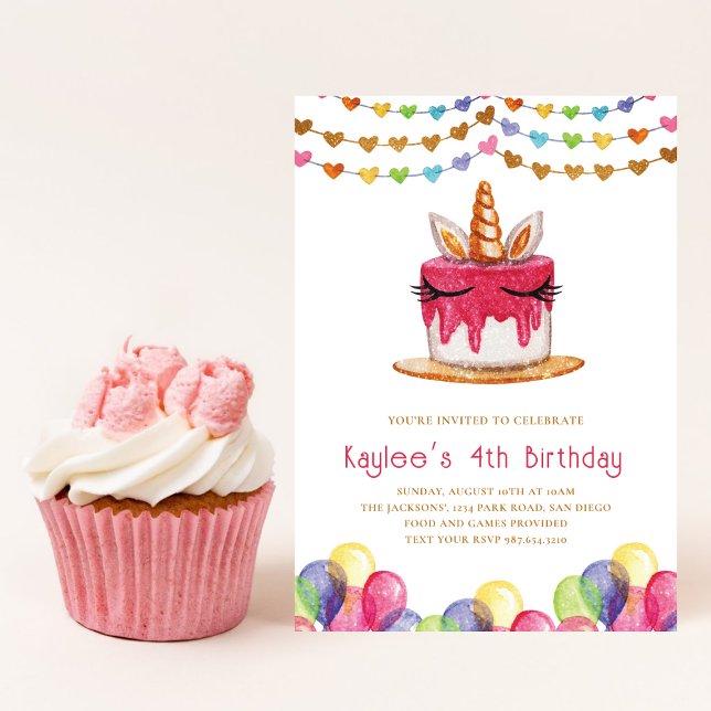 Cute Unicorn Cake Hearts Girly Birthday Invitation (Creator Uploaded)