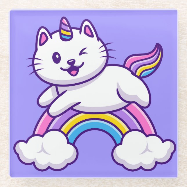 Cute Unicorn Cat Glass Coaster (Front)