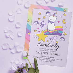 Cute Unicorn Cat Kids Birthday Party Invitation