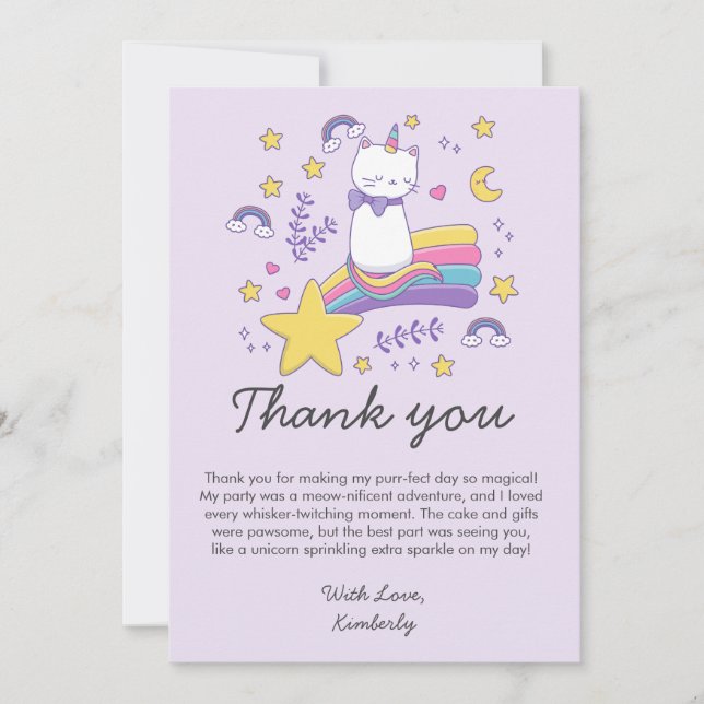 Cute Unicorn Cat Kids Birthday Party Thank You Card (Front)