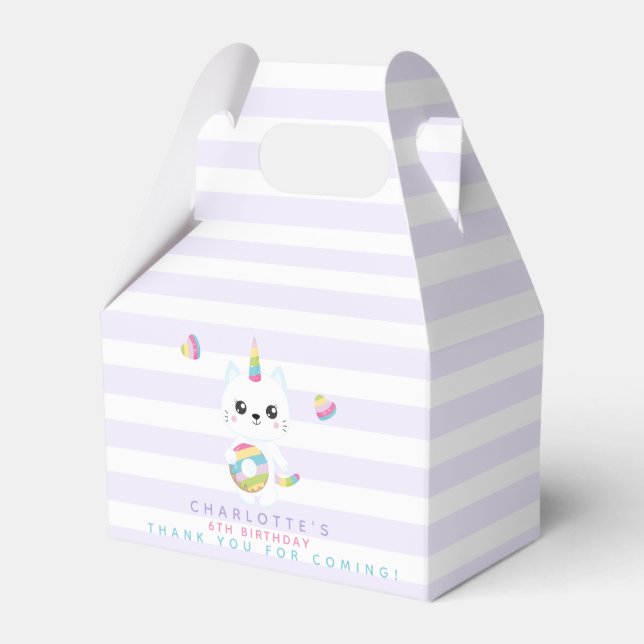 Cute Unicorn Cat - Lavender Striped Kids Birthday Favour Box (Front Side)