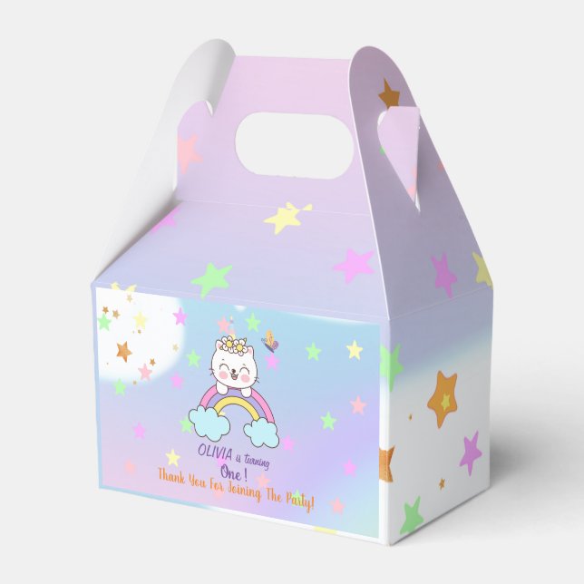 Cute Unicorn Cat on Rainbow Stars 1st Birthday Favour Box (Front Side)