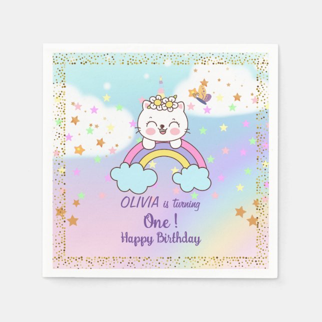 Cute Unicorn Cat On Rainbow Stars 1st Birthday  Napkin (Front)