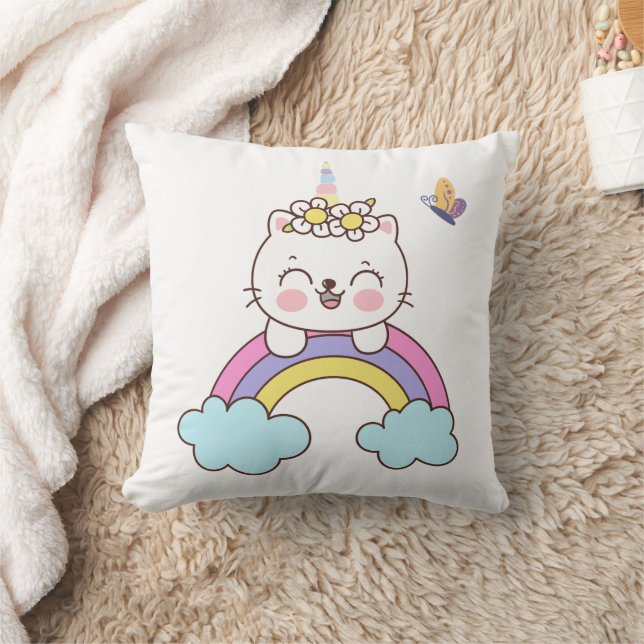 Cute unicorn cat on rainbow throw pillow (Blanket)