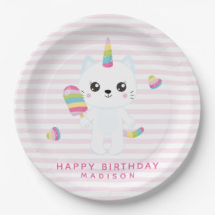 Cute Unicorn Cat - Pink Striped   Paper Plate