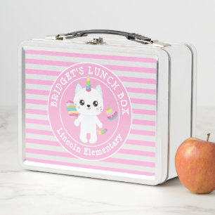Cute Unicorn - Cat Pink Striped Personalized Girls Metal Lunch Box