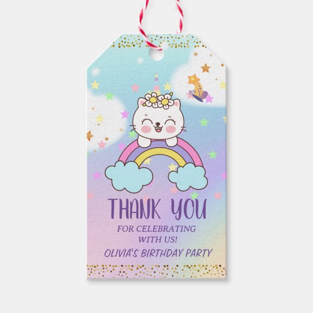 Cute Unicorn Cat Rainbow Girl Birthday Party Favou Gift Tags (Front)