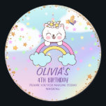 Cute Unicorn Cat Rainbow Girl Birthday Thank You  Classic Round Sticker<br><div class="desc">Cute and Colourful golden pastel stars unicorn cat girl's 2nd, 3rd, 4th birthday party thank you favour stickers. Design features cute and funny Unicorn Cat on rainbow, pastel stars, butterfly , golden sparkle celestial border on unicorn rainbow background.Customise template and ready to be personalised , You can change text and...</div>
