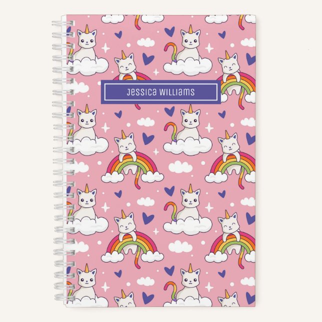 Cute Unicorn Cat Rainbow Heart Pattern Custom Pink Notebook (Front)
