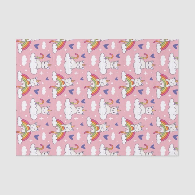 Cute Unicorn Cat Rainbow Pattern Valentine's Day Tissue Paper (Front)