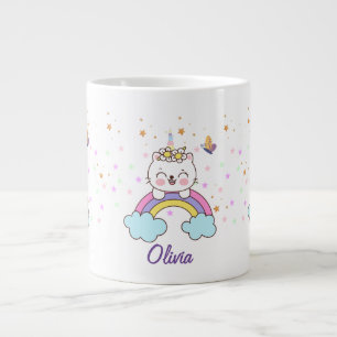 Cute Unicorn Cat Rainbow Stars Birthday Girl Name Large Coffee Mug