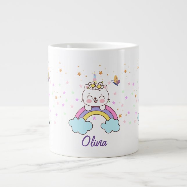 Cute Unicorn Cat Rainbow Stars Birthday Girl Name  Large Coffee Mug (Front)