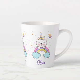 Cute Unicorn Cat Rainbow Stars Kid's Birthday Name Latte Mug