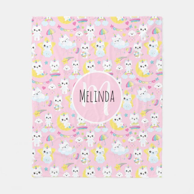 Cute Unicorn Cats Light Pink Pattern Fleece Blanket (Front)