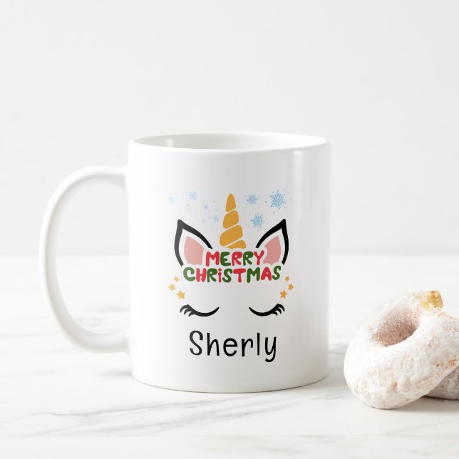 Cute Unicorn Christmas Custom Name Coffee Mug (With Donut)