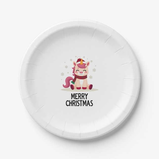 Cute unicorn Christmas hat unicorn Christmas T-Shi Paper Plate (Front)