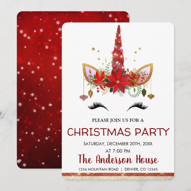 Cute Unicorn Christmas Holiday Dinner Party Invitation (Front/Back)