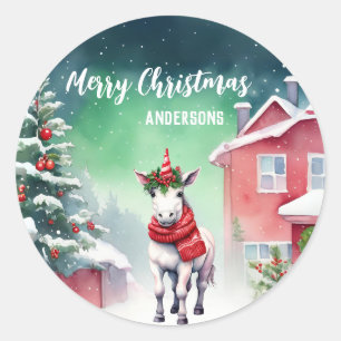 Cute Unicorn Christmas tree birthday snow party Classic Round Sticker
