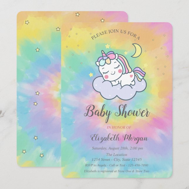 Cute Unicorn, Cloud, Stars Tie Dye Baby Shower Invitation (Front/Back)