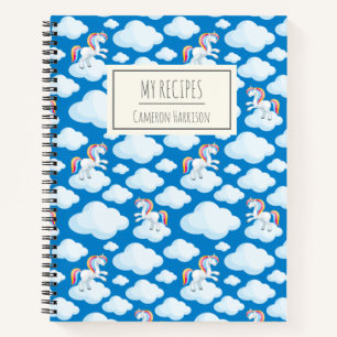 Cute Unicorn Clouds Blue Personalised Kids Recipe Notebook