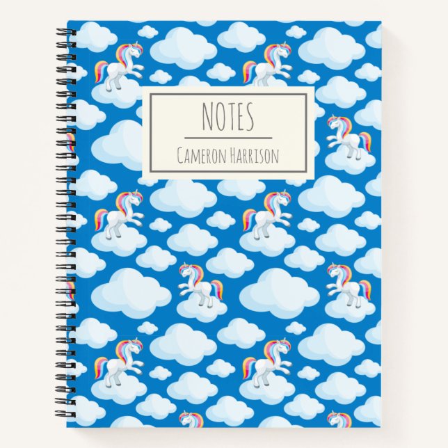 Cute Unicorn Clouds Whimsical Blue Personalised Notebook (Front)