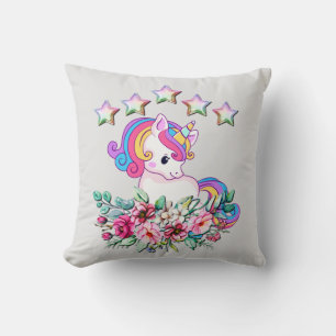 Cute Unicorn, Colourful Stars And Watercolor Flora Cushion