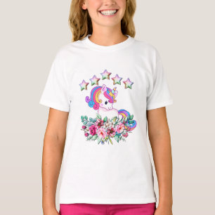 Cute Unicorn, Colourful Stars And Watercolor Flora T-Shirt