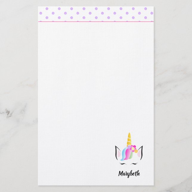 Cute Unicorn crown drawing Girl's name Stationery (Front)