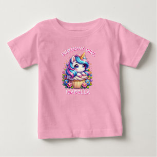 Cute Unicorn & Cupcake Personalised Birthday Girl Baby T-Shirt