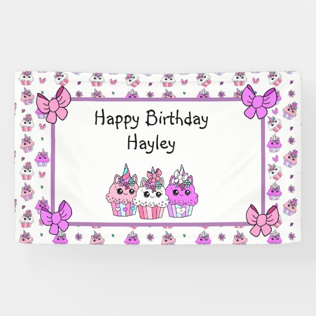 Cute Unicorn Cupcakes Girl's BIrthday Banner (Horizontal)