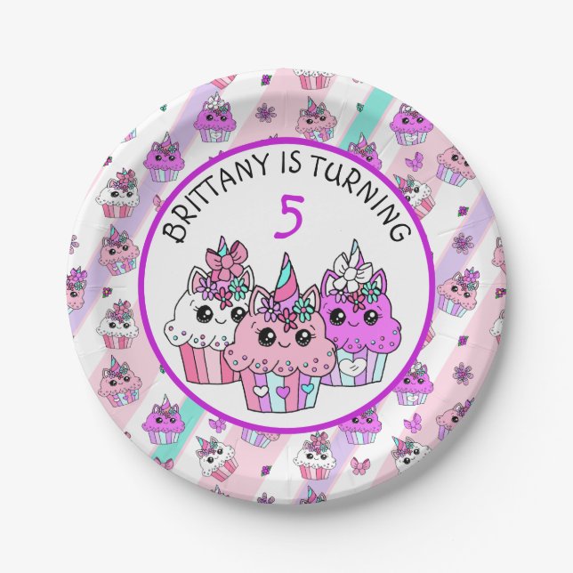 Cute Unicorn Cupcakes Girl's Birthday Paper Plate (Front)
