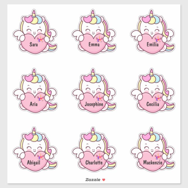 Cute Unicorn Custom Multiple Name Stickers (Sheet)