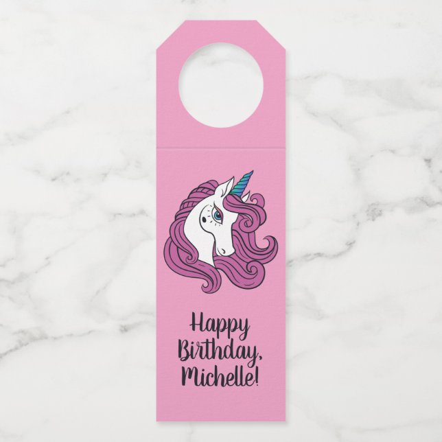 Cute Unicorn custom name & colour bottle hangers (Front)