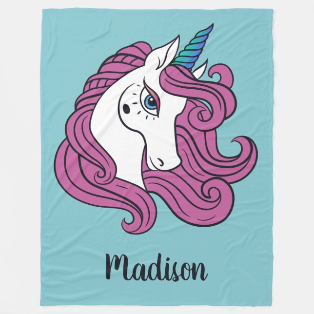Cute Unicorn custom name & colour fleece blankets (Front)